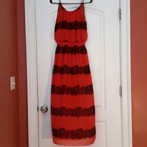 Orange w/ black lace print maxi dress